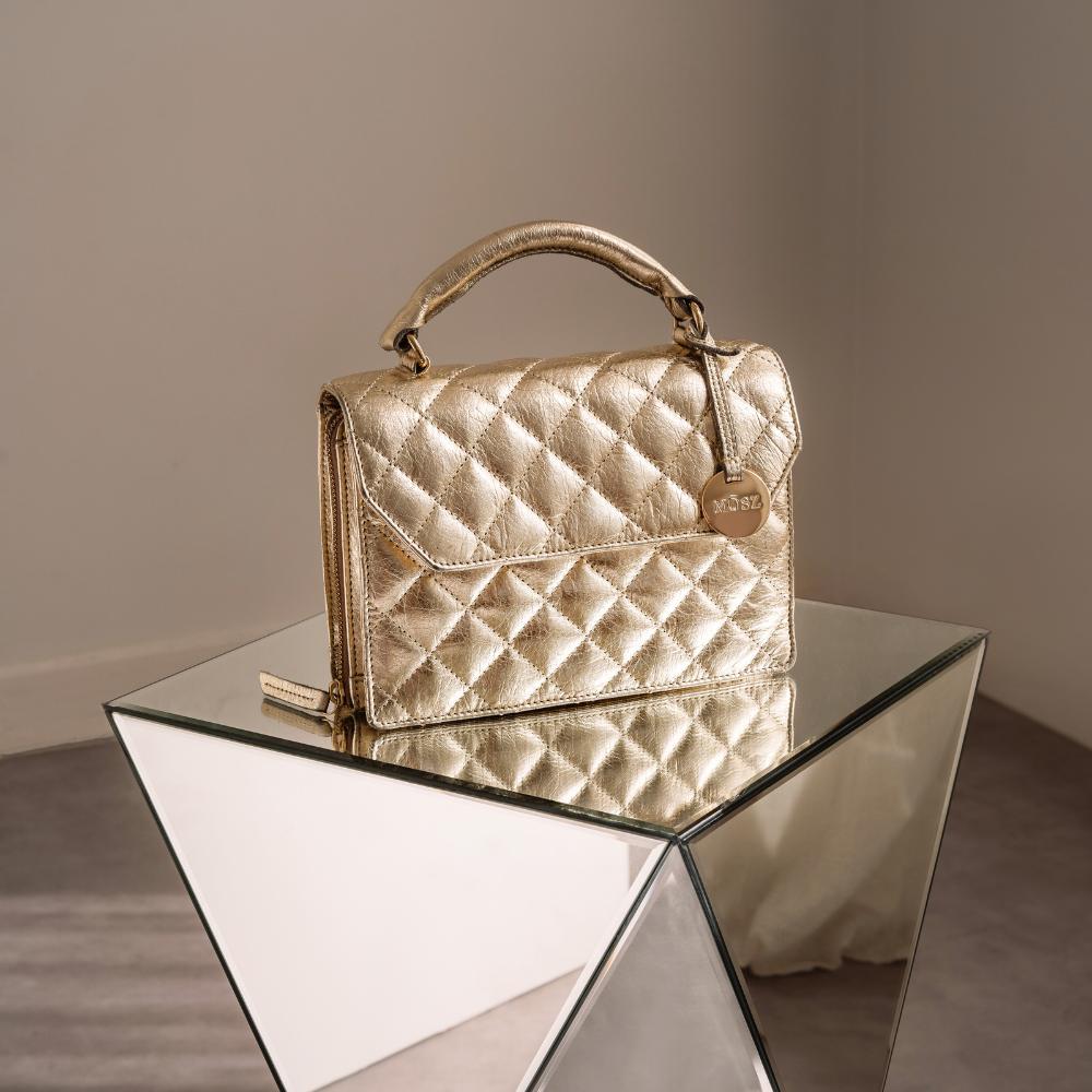 Leren dames handtas goud quilted M SZ Kris L