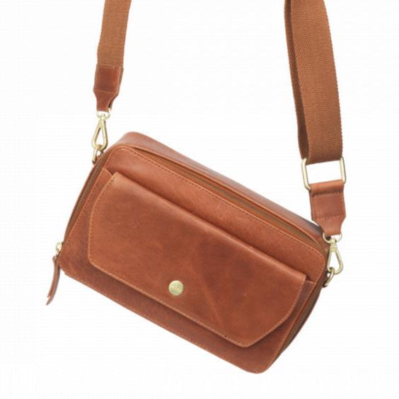 Dames leren schoudertas cognac vintage M SZ Naomi M